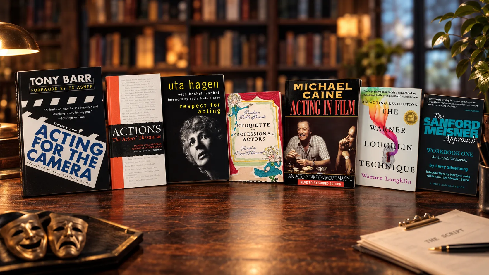 Acting books standing on a wooden desk in a library: Acting for the Camera, Actions, Respect for Acting, Etiquette for Professional Actors, Acting in Film, The Warner Loughlin Technique and The Sanford Meisner Approach