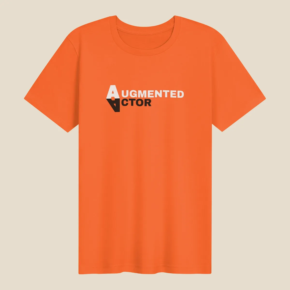 An orange Augmented Actor tee with the logo in white and black across the chest
